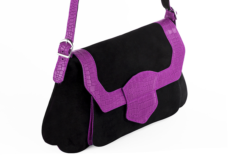 Matt black and mauve purple women's dress handbag, matching pumps and belts. Front view - Florence KOOIJMAN